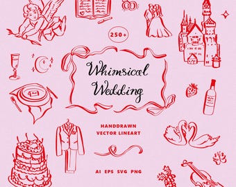 Whimsical Wedding Line art SVG - Quirky Doodles Dolce Vita Wedding icons for invites- Hand Drawn Wavy Squiggle art- Coquette Doodles Lineart