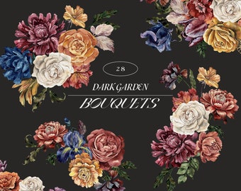 Dark Garden watercolor Flowers clipart, Dark and Moody florals Bouquets, Rembrandt style, autumn wedding invite arrangements, dark academia