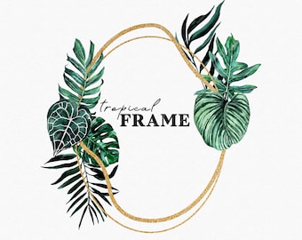 Tropical Lush Watercolor Frame clipart,Tropic Jungle leaves,Exotic greenery gold frames wedding invitations, Green Monstera palm leaf PNG