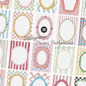 Può includere: Una collezione di 30 cornici e sfondi cottagecore dipinti a mano. Ogni cornice presenta una forma ovale con vari bordi e motivi decorativi, tra cui strisce, quadri e disegni floreali. La tavolozza dei colori comprende tonalità pastello di rosa, verde, blu e giallo.