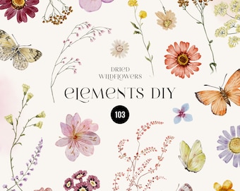 Dried Wildflowers Watercolor Elements clipart, Delicate pressed wild flowers & butterflies, Tiny field Flowers elements wedding invite