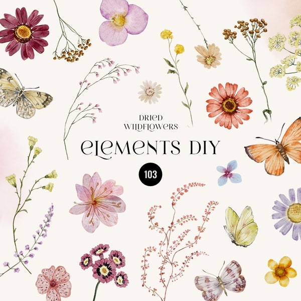 Dried Wildflowers Watercolor Elements clipart, Delicate pressed wild flowers & butterflies, Tiny field Flowers elements wedding invite