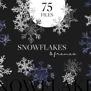 Puede incluir: Una colección de 75 ilustraciones digitales de copos de nieve y marcos en acuarela en tonos plateados y azules. Los copos de nieve están dispuestos sobre un fondo negro con el texto "SNOWFLAKES & frames" en blanco.