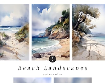 Acuarela playa paisajes ClipArt, fondos naturales de la costa, paisaje costero, ilustraciones costeras para invitaciones, fondo de paisaje