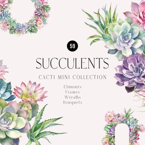 Succulents Watercolor clipart, pastel Succulent & Cacti wreath, delicate cactus Elements DIY, Floral wedding invitation, digital download
