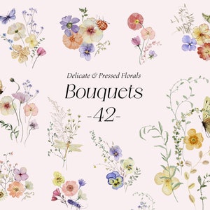 Wild Meadow Wildflower Bouquets Imágenes prediseñadas de acuarela, flores prensadas delicadas, arreglos florales diminutos Invitación de boda de campo de verano