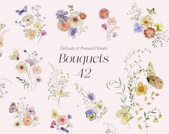 Wild Meadow Wildflower Bouquets Watercolor clipart, Delicate pressed flowers, Tiny florals arrangements Summer field wedding invititation