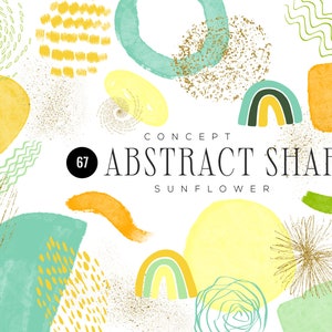 May include: Abstract shapes in yellow, green, and gold. The shapes are circles, ovals, squares, and rectangles. The background is white. The text "Concept 67 Abstract Shapes Sunflower" is in the center of the image.