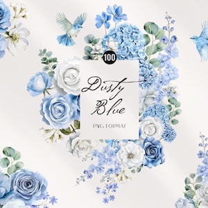 Watercolor Dusty Blue Collection - Dusty Blue Floral Clipart - Blue Roses and Hydrangeas PNG - Blue and White Wedding Invitation Clipart