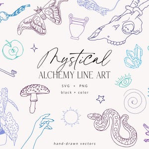 Mystical Alchemy lineart clipart, mystic logo elements, magic sacred clipart, Witchy alchemy symbols SVG, occult doodles, black + color