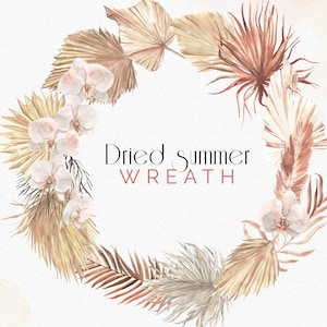 Aquarelle Boho Floral Wreath clipart, fleurs et feuilles de palmier séchées, couronne d’aquarelle Boho, clipart rose orchidée, invitation de mariage PNG
