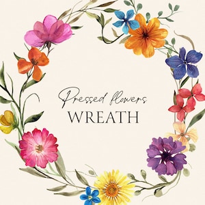 Aquarelle florale de couronne de fleurs pressées - fleurs séchées, clipart d'herbes, couronne d'invitation de mariage floral vintage PNG numérique botanique coloré