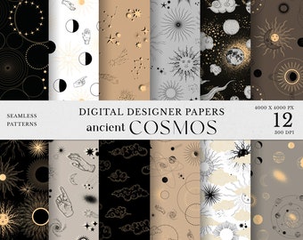 Ancient Cosmos Digital Papers, moon and sun paper, zodiac sign, mystical seamless pattern vintage astronomy, celestial planets stars png