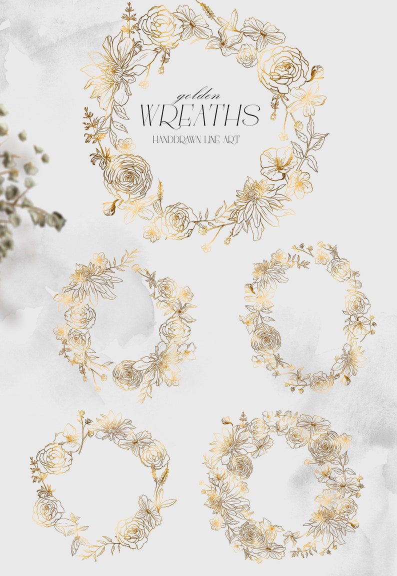 May include: Set of four gold floral wreaths with a hand-drawn line art style. The wreaths are made of various flowers and leaves, including roses, daisies, and ferns. The text "golden wreaths hand-drawn line art" is displayed above the wreaths.