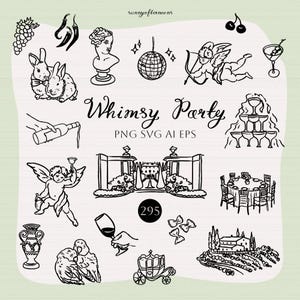 Fantazyjna linia sztuki SVG - Dziwaczne bazgroły - Dolce Vita Ikony ślubne na zaproszenia - Ręcznie rysowana linia sztuki Coquette - Elementy menu Wine Food