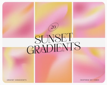 May include: A digital art piece featuring six panels with abstract sunset gradient backgrounds in shades of pink, yellow, and orange. The text "20 SUNSET GRADIENTS" is displayed in a stylish font, with the words "GRAINY GRADIENTS" and "INSPIRED BY VIBES" at the bottom.