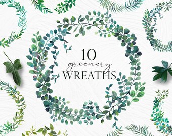 Greenery wreaths watercolor clipart, green wreath, modern greenery wedding invitation frame, Foliage green leaves painting leaf PNG clipart