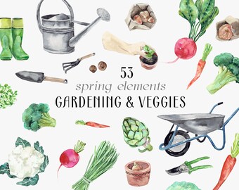 SPRING Essentials Gardening items, garden tools, plants, watering can, seeds, watercolor vegetables clipart, rainboots, veggies PNG