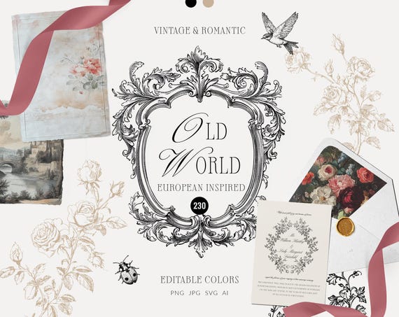 Old-world Antique vector line art elements - Romantic Fine art botanical clipart - Vintage crests & Wedding Frames - Painterly backgrounds