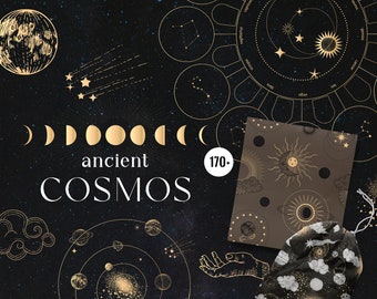 Ancient Cosmos, vintage astronomy, gold moon phases,sun clipart,zodiac signs,mystic celestial logo compositions planets stars vector png svg