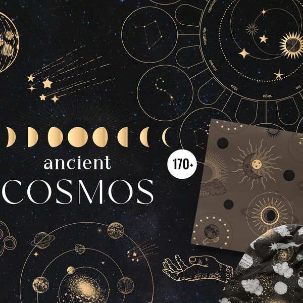 Cosmos antique, astronomie vintage, phases de lune dorées, clipart soleil, signes du zodiaque, compositions mystiques de logo céleste planètes étoiles vecteur png svg