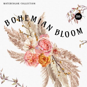 Boho Bloom Pampas Grass clipart, feuilles de palmier séchées boho, roses aquarelles florales, cadres neutres, faire-part de mariage fleurs séchées PNG