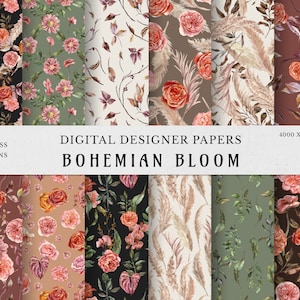 Boho Bloom Pampas Grass clipart, feuilles de palmier séchées boho, roses aquarelles florales, papiers numériques neutres, motifs sans soudure