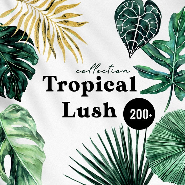 Tropical Lush Watercolor leaves, Jungle clipart, exotic greenery botanical wedding invitation,tropic digital papers,Monstera Palm leaves PNG