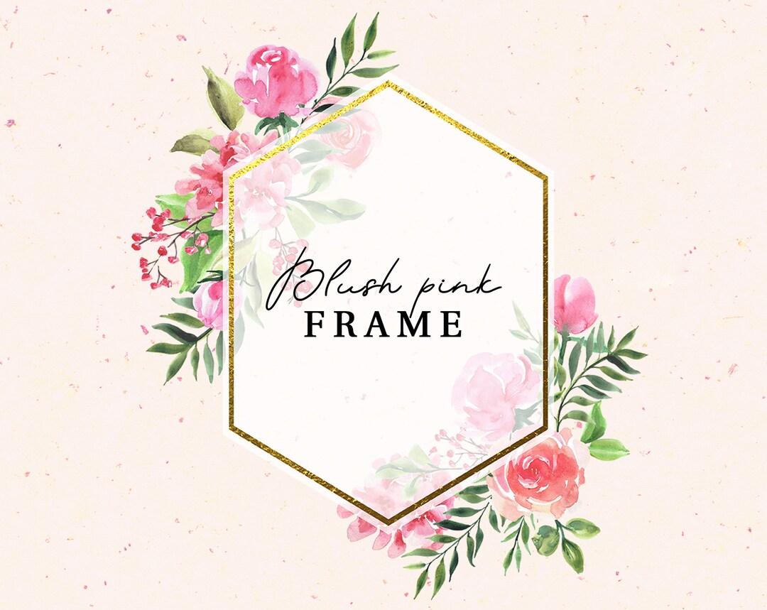 Blush Pink Roses Floral Watercolor Clipart, Delicate Gold Frame, Subtle ...