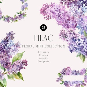 Aquarell Flieder Clipart, lila Blumen, verträumte Flieder PNG, Garten Blumen Sträuße Kranz Set, Hochzeit Einladungskarte, Blumen Clipart