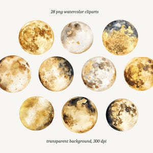 May include: 28 watercolor clipart images of moons in various phases, painted in shades of gold and black. The moons are isolated on a transparent background.