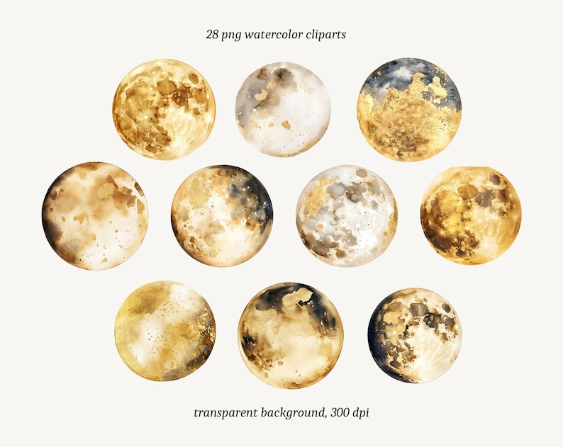 May include: 28 watercolor clipart images of moons in various phases, painted in shades of gold and black. The moons are isolated on a transparent background.