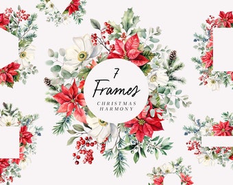 Christmas Harmony floral Frames Watercolor clipart, Christmas flowers frame, christmas invitation wreath, winter holidays card frames