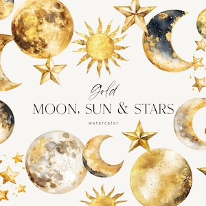 Or aquarelle lune clipart, clipart soleil d'or, croissant de lune d'or, clipart étoiles mystiques, éléments du cosmos or PNG, logo céleste mystique