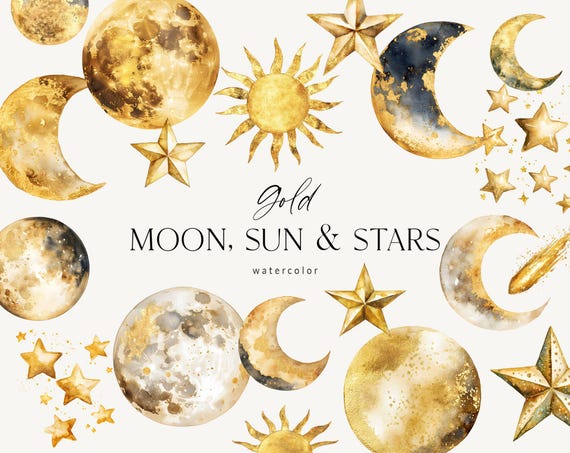 Gold Watercolor Moon clipart, Gold Sun clipart, Gold Crescent Moons, mystical stars clipart, gold cosmos elements PNG, mystic celestial logo