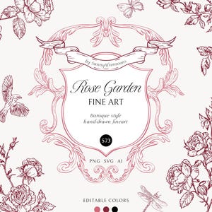 Clipart de arte lineal barroco: escudo de boda vintage en rosa ruborizado, marcos ornamentados estilo chinoiserie SVG, rosas dibujadas a mano, arte lineal de boda victoriano