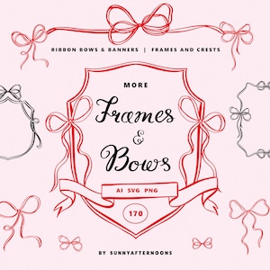 Pode incluir: Um conjunto de 170 laços de fita vermelhos e molduras em preto e branco. A imagem inclui o texto "RIBBON BOWS & BANNERS | FRAMES AND CRESTS", "MORE Frames & Bows", "AI SVG PNG", "170" e "BY SUNNYAFTERNOONS".