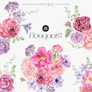 Ramos florales de acuarela DREAMY, ramo de flores de acuarela lila, imágenes prediseñadas florales de verano pastel rosa, tarjeta de invitación de boda Imágenes prediseñadas digitales