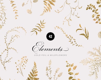 Gold Lineart floral clipart, Golden leaves, Gold foliage Separate elements, Delicate Gold eucalyptus fern leaves, gold logo elements DIY