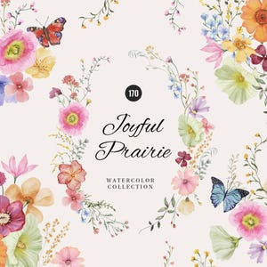 Clipart de acuarela de flores silvestres de pradera alegre, delicadas flores prensadas, pequeñas flores pintadas a mano, flores de campo de verano y mariposas png