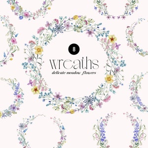 Acquerello Wild Florals fiori selvatici clipart floreali Ghirlande, delicati fiori di campo pressati, piccoli fiori ghirlanda di invito al matrimonio PNG