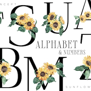 Concept: Zonnebloem aquarel alfabet clipart, zonnebloem bruiloft uitnodiging, bloemen letters cijfers zonnebloemen zomer herfst clipart PNG