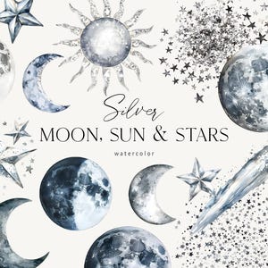 Silber Aquarell Mond Clipart, Silber Halbmond Monde & Sonne Clipart, mystische Sterne Clipart, graue Kosmos-Elemente PNG, mystisches Himmels-Logo