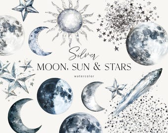 Silver Watercolor Moon clipart, Silver Crescent Moons & Sun clipart, mystical stars clipart, grey cosmos elements PNG, mystic celestial logo