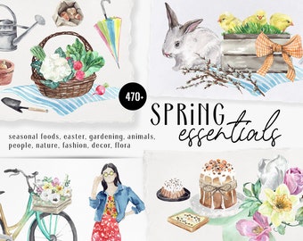 SPRING Essentials watercolor - easter bunnies chicks gardening -DIY elements- people cute animals nature tulips veggies seasons clipart PNG