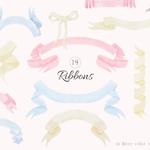 May include: A set of 19 watercolor ribbons in three colors: blue, pink, and yellow. The ribbons are in various shapes and sizes, including curved, straight, and curled.
