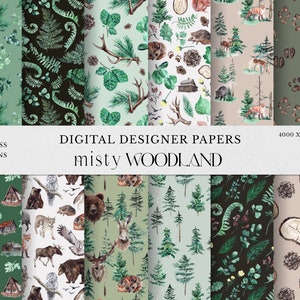Watercolor Forest Digital Papers, Misty Woodland, Forest animals, Seamless patterns, Watercolor Trees, Deer, pine tree scrapbook paper