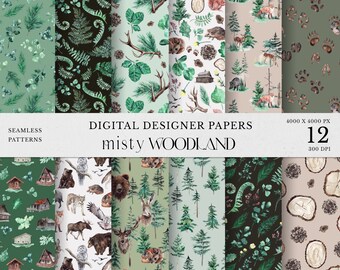 Watercolor Forest Digital Papers, Misty Woodland, Forest animals, Seamless patterns, Watercolor Trees, Deer, pine tree scrapbook paper