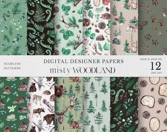 Watercolor Forest Digital Papers, Misty Woodland, Forest animals, Seamless patterns, Watercolor Trees, Deer, pine tree scrapbook paper