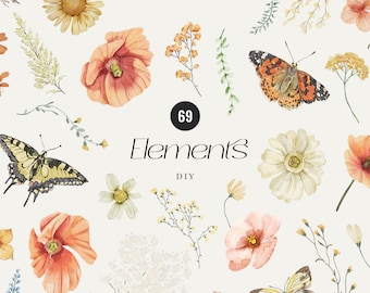 Sunset Wildflowers Watercolor Clipart, Delicate Summer Field Flowers, Tiny Florals & Butterflies PNG, wedding invitation, Digital Download